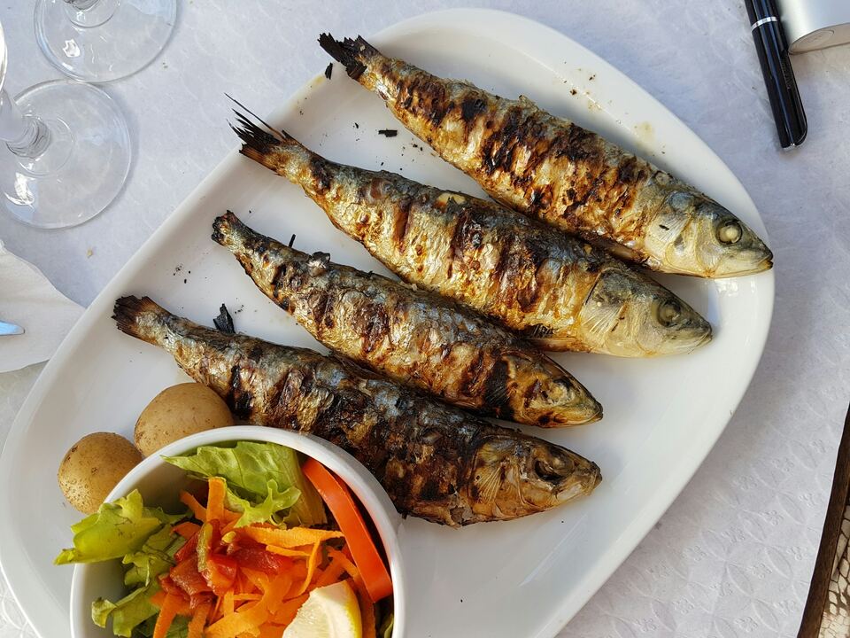 Travessa de sardinhas assadas com salada de tomate e cenoura